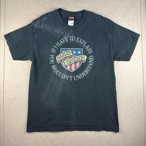 Vintage Harley Davidson Shirt L Black USA Flag Quote Danbury CT Dealer Biker Tee